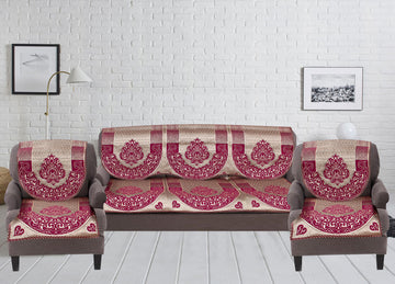 Nendle Damask Design Concept Sofa Set Covers 5 Seater with 80% Cotton & 20% Jute (Dark Pink, Pack of 6)